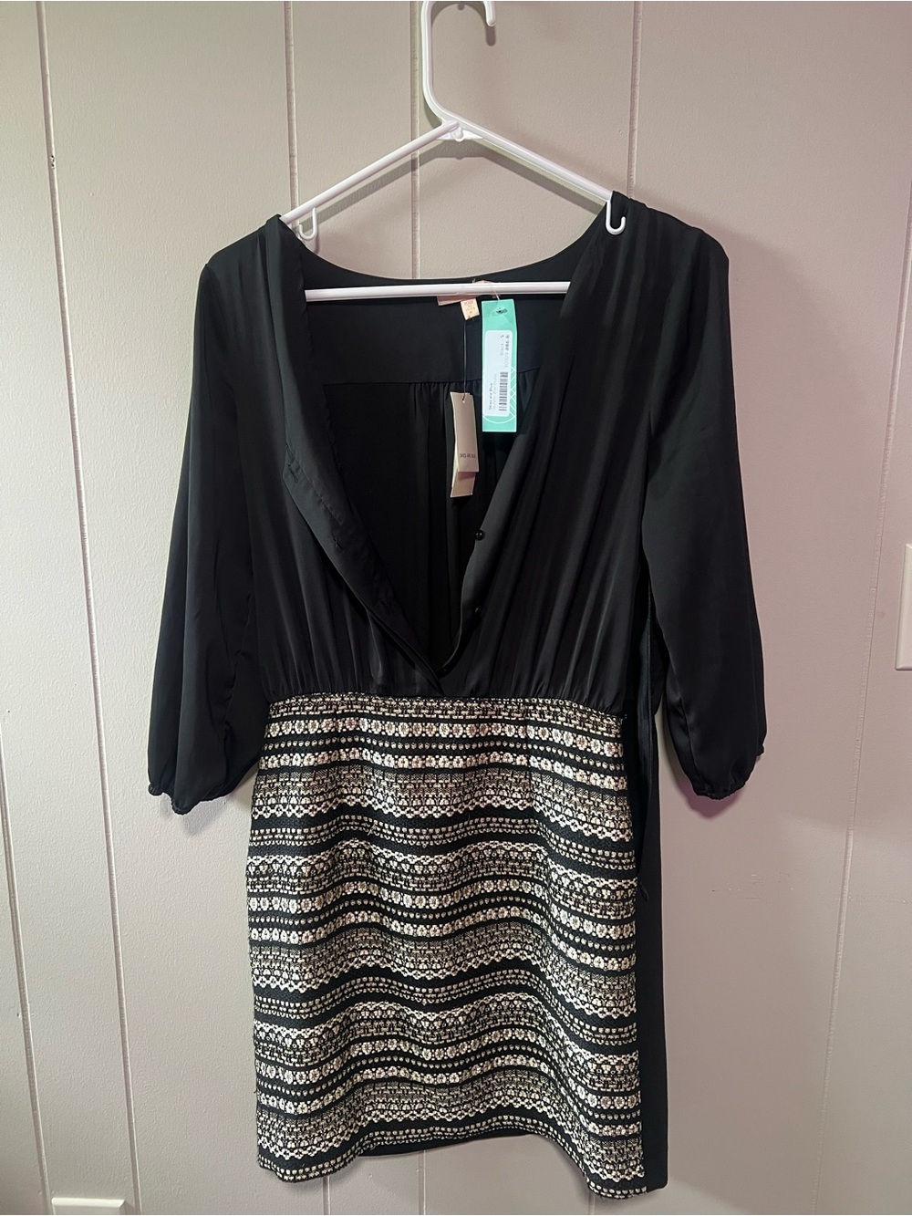 Skies Are Blue Black Dress with White Patterned Skirt Panel